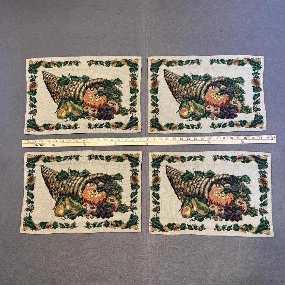 4 Fabric Thanksgiving Cornucopia Placemats White Greenery Imagery 16.75x11.5inch